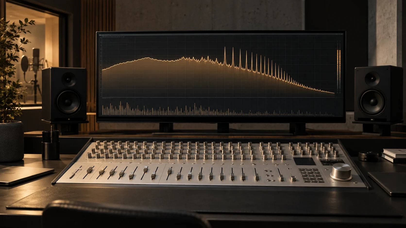 A mastering console facing a spectrum analyzer with narrow high-frequency peaks
