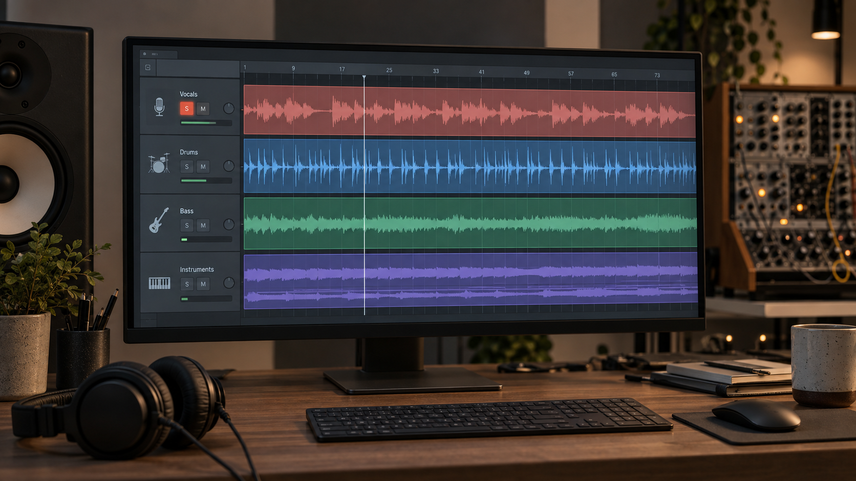 Separated audio stems compared with a complete stereo mix