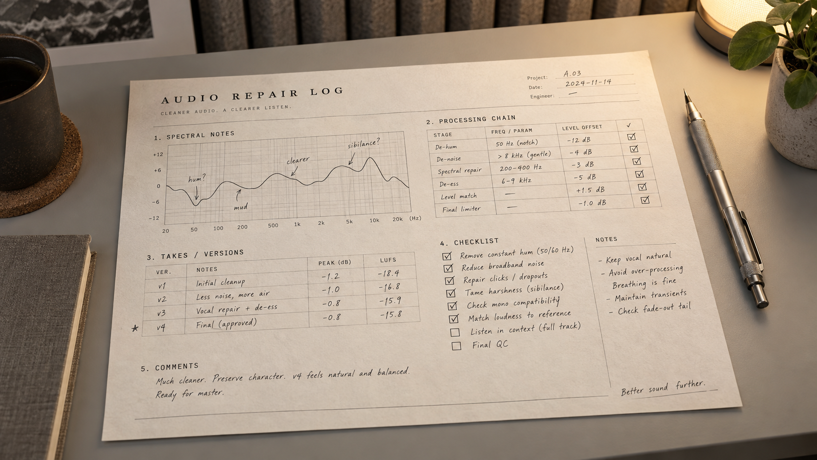 A repeatable audio repair log beside a Treblo export waveform